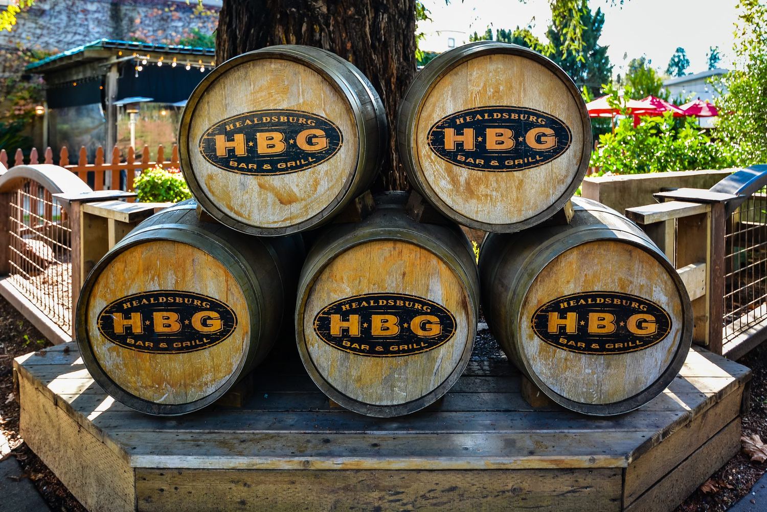 Branded wine barrels outside a restaurant on the Healdsburg plaza